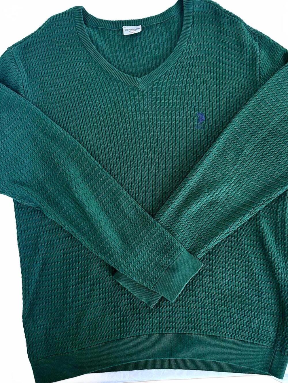 U.S. Polo Assn. Men's Green V-Neck Knit Design Sweater - 2XL